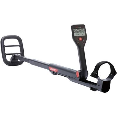 Metalldetektor in seitlicher Ansicht mit einem Anzeigebildschirm und einem verstellbaren Griff.