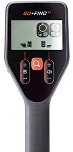 Ein Handmetall-Detektor mit Display zeigt Symbole zum Finden von Münzen und Metallen. Drei Tasten: Plus, Minus und Suche in der Mitte.