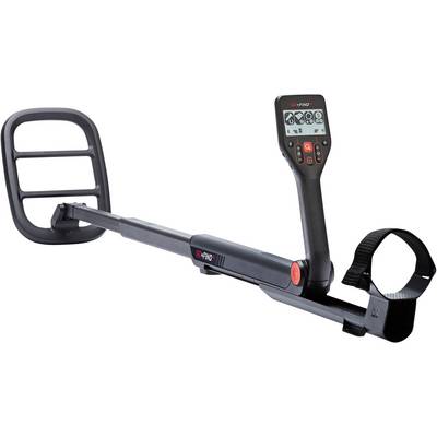 Ein schwarzer Metalldetektor mit digitalem Display und Steuerungsvorrichtung, geeignet für die Suche nach verborgenen Metallobjekten.