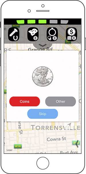 Ein Smartphone zeigt eine App mit einer Karte im Hintergrund. Ein Dialogfeld fragt nach einer Auswahl zwischen 'Coins', 'Other' oder 'Skip'.