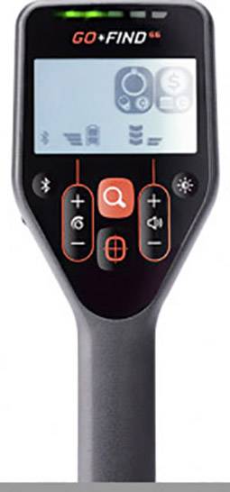 Ein schwarzer Metalldetektor mit Display und Symbole, darunter Plus- und Minustasten, ein Suchsymbol und andere Steuerelemente.