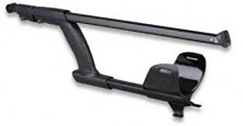 Ein schwarzer Dachträger, geeignet für den Transport von Fahrrädern auf Autodächern. Ergonomische Form mit Befestigungsmechanismus.