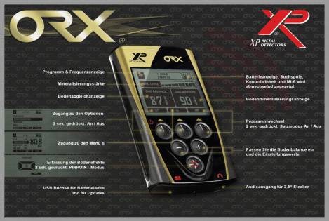 'Bedienungsanleitung für XP-ORX Metalldetektor, zeigt Tasten, Display und Funktionen zur Frequenzeinstellung und Bodenmineralisierung.'