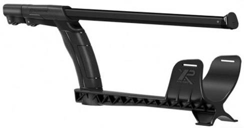 Ein schwarzer Stuhlrahmen mit langem, ergonomischem Design und zwei Halterungen auf der Rückseite, geeignet für Gaming-Sitze.