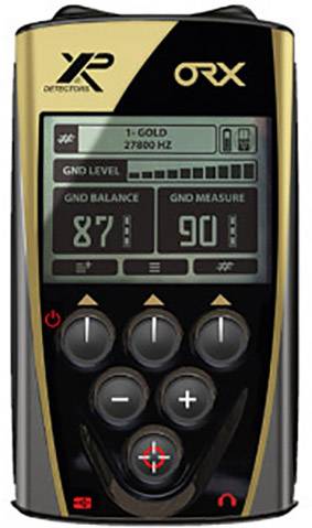 'Metall-Detektor Bildschirm mit Anzeige für Goldsuche, Frequenz 27,8 kHz. Zeigt Bodenbalance 87 und Bodenmessung 90 an.'