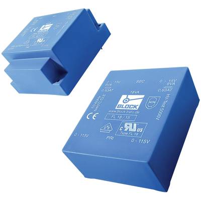 Zwei blaue Transformatoren mit Aufschrift: 'BLOCK', Spannungseingang: 0-115V, Spannungsausgang: 15V, 18VA Leistung, Prüfspannung 5000V.