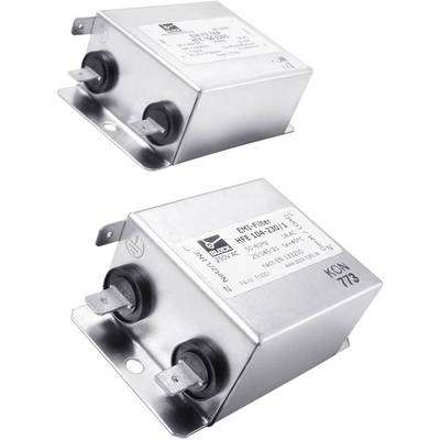 Zwei metallische EMI-Filter, rechteckige Form, mit Anschlüssen an den Enden. Aufkleber mit technischen Daten oben sichtbar.