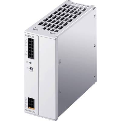 Ein silbernes Netzteil der Marke BLOCK mit Lüftungsschlitzen oben und Anschlussklemmen an der Seite, Modell PC-0124-100-4.
