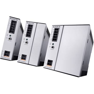 Drei Schaltnetzteile von BLOCK mit den Modellnummern PM-0124-010-0, PM-0124-020-0, und PM-0124-040-0. Sie liefern jeweils 23 bis 28 Volt.