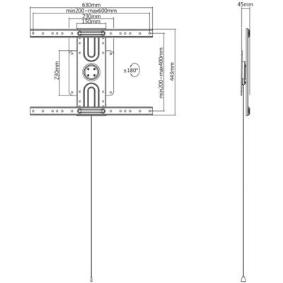 Technische Zeichnung einer Wandhalterung. Breite 630mm, Höhe 443mm, einstellbarer Neigungswinkel von +180°. Maximaler Abstand zur Wand: 45mm.