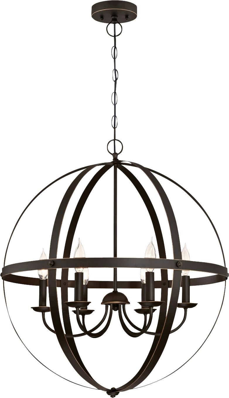 Eine große, kugelförmige Pendelleuchte aus Metall mit sechs Kerzenlampen. Sie hängt an einer Kette und hat ein elegantes, modernes Design.