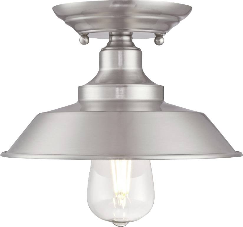 Metallene Deckenleuchte mit einem klassischen, industriellen Design. Die Lampe hat eine sichtbare Glühbirne und einen breiten Schirm.