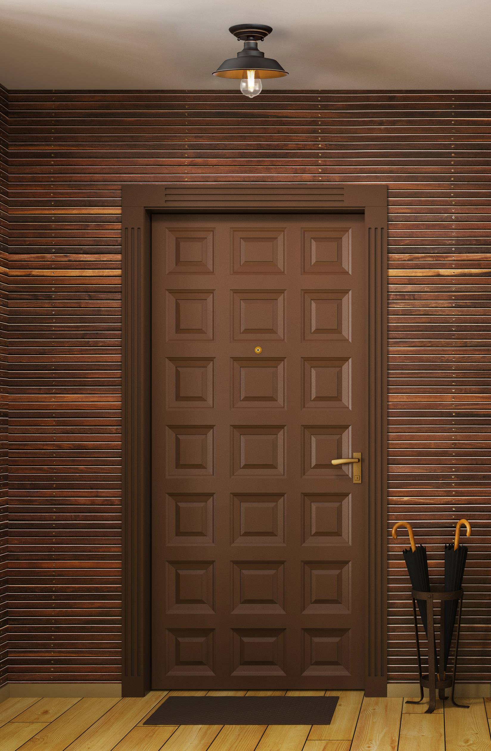 Braune Eingangstür mit geometrischem Muster vor einer Wand aus Holzpaneelen. Ein Regenschirmständer mit zwei Regenschirmen steht daneben.