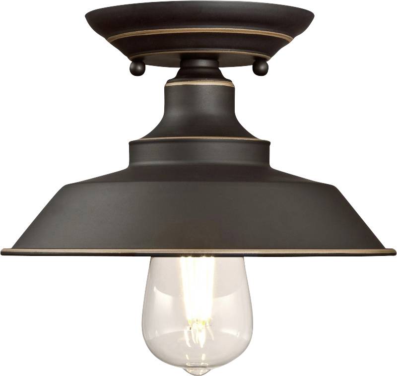 Schwarze Deckenleuchte aus Metall mit sichtbarer Glühbirne. Retrodesign mit breitem Schirm für gleichmäßige Lichtverteilung.