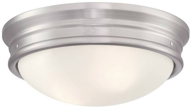 Runde Deckenleuchte aus gebürstetem Metall mit weißem Glasdiffusor; modernes Design, eignet sich für verschiedene Innenräume.