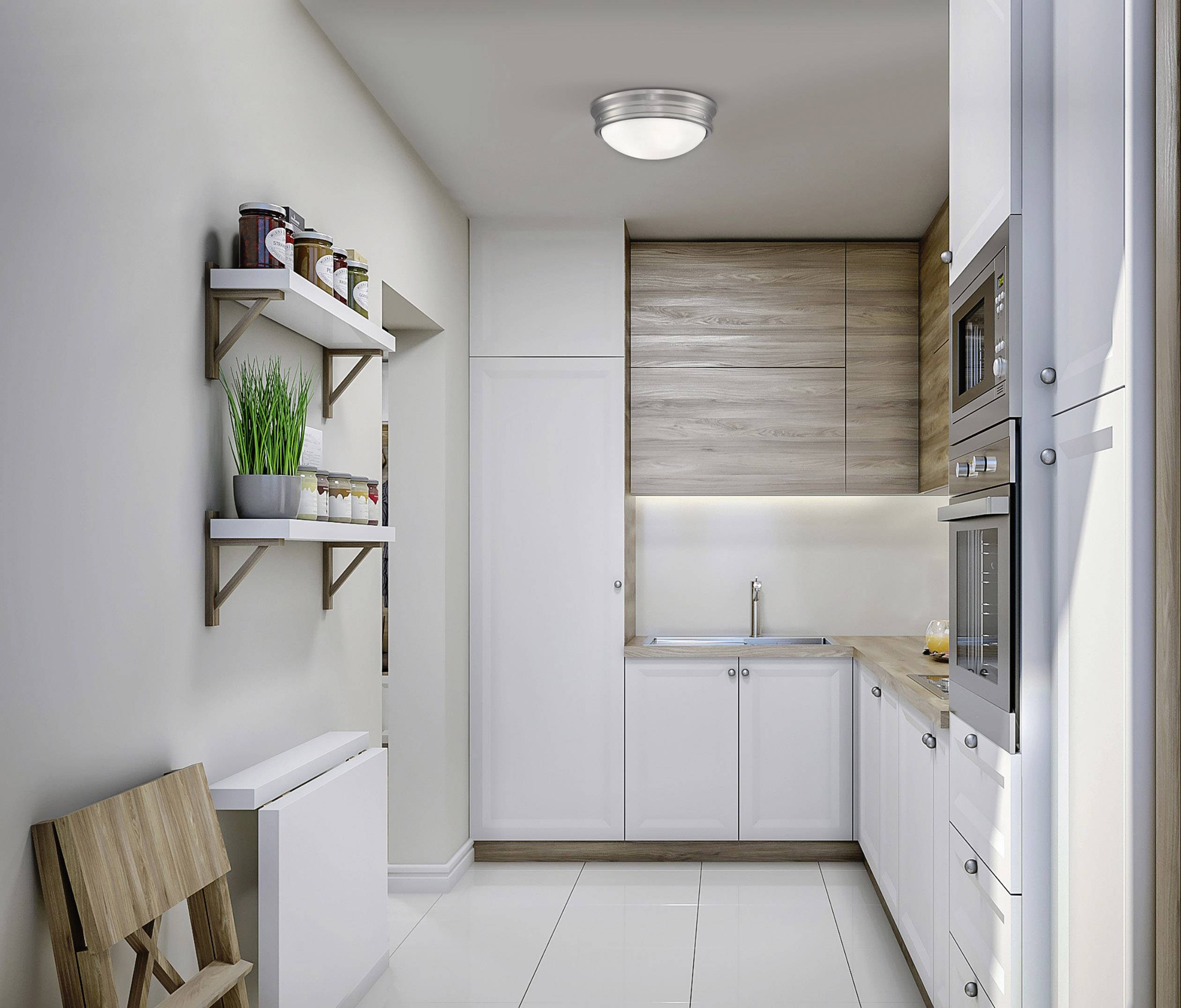 Moderne Küche mit weißen Schränken, Holzarbeitsplatte und integriertem Ofen. Ein Regal mit Gewürzen und Pflanzen steht an der Wand.