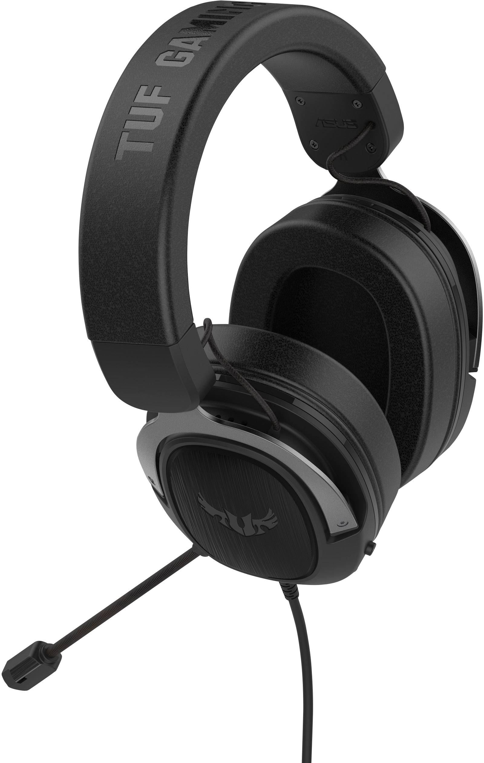 Schwarzes Gaming-Headset mit Mikrofon. 'TUF Gaming' ist auf dem Kopfbügel geprägt. Designed für komfortables langes Tragen und Gaming.