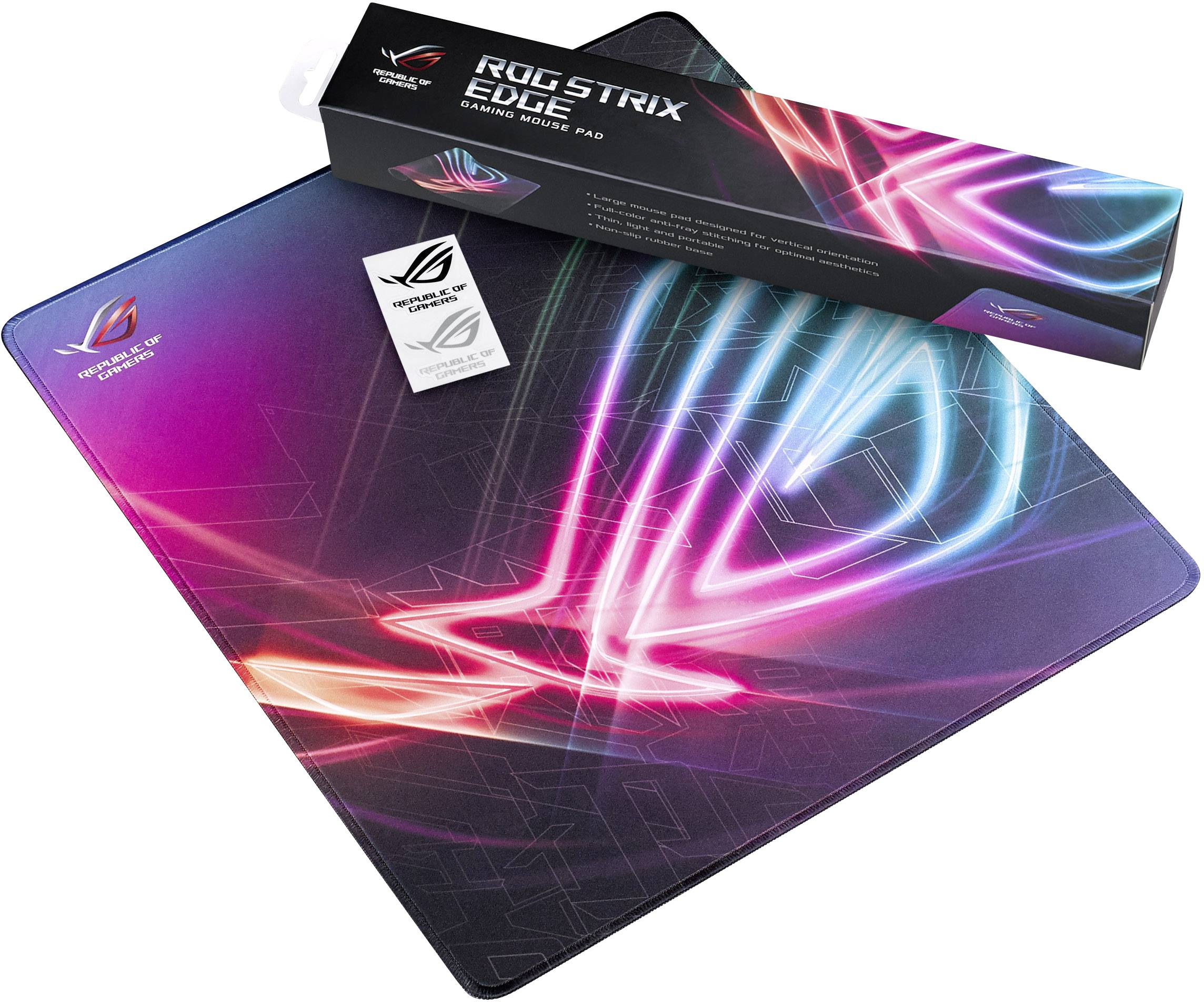 Ein buntes Gaming-Mauspad mit leuchtenden Linienmustern und verpackter Box. Text auf Box: 'ROG Strix Edge Gaming Mouse Pad'.