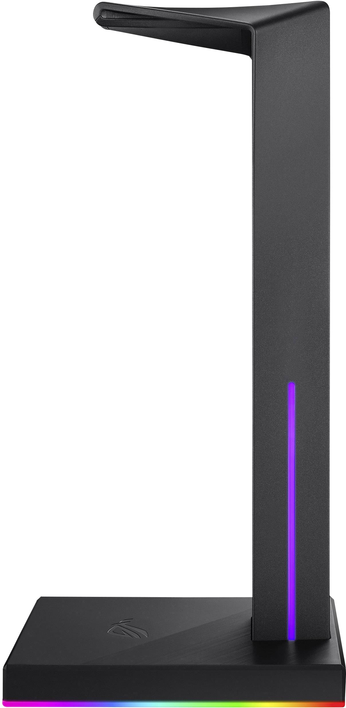 Schwarzer Kopfhörerständer mit schlankem Design, LED-Leuchten an der Basis, ideal zur Präsentation oder Aufbewahrung von Kopfhörern.