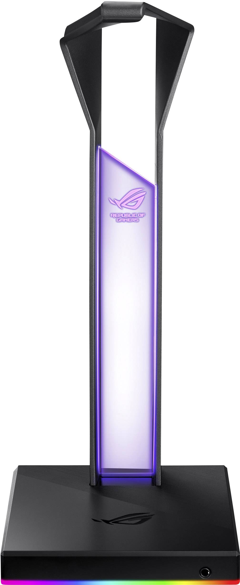 Ein stilvoller schwarz-violetter Kopfhörerständer mit beleuchtetem Logo, ideal für Gamer. Stabiler Sockel mit RGB-Beleuchtung.