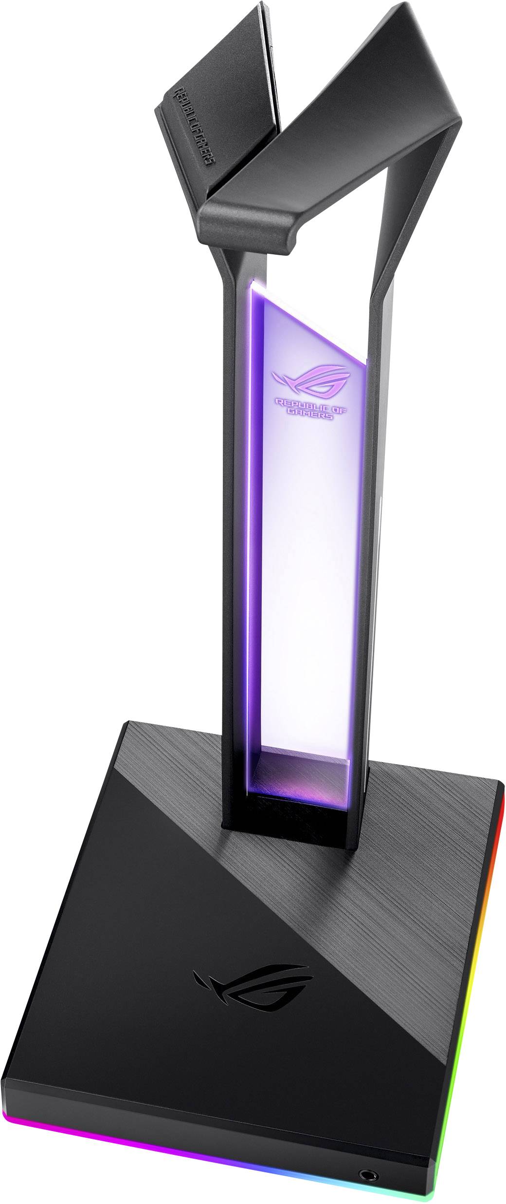 Ständer aus schwarzem Metall mit LED-Leuchten, geeignet zum Halten von Geräten oder Zubehör, mit lila beleuchtetem Markenlogo.