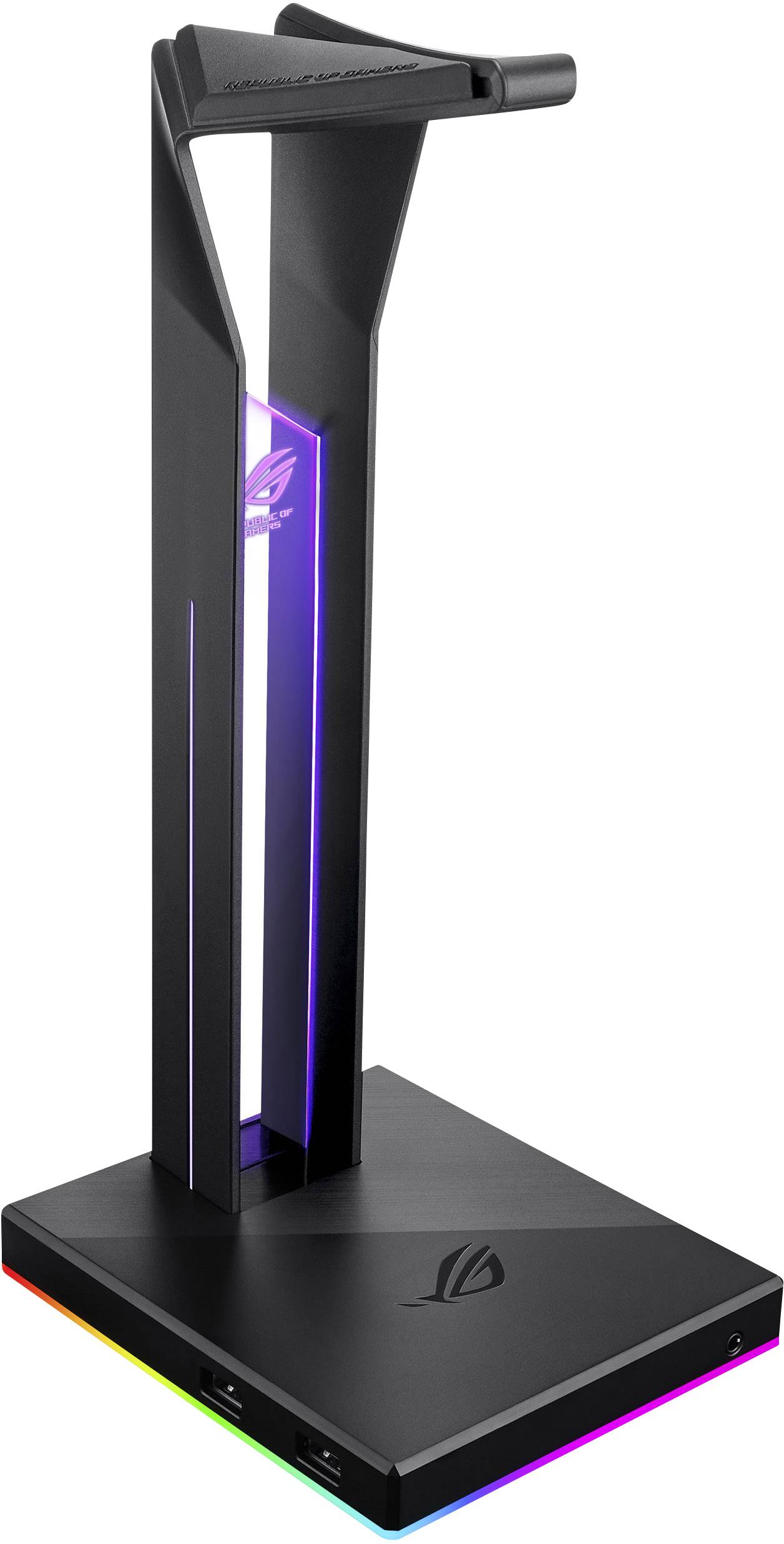 Kopfhörerständer mit RGB-Beleuchtung an der Basis, markiert mit einem Markenlogo. Ideal zum Halten und Präsentieren von Gaming-Kopfhörern.