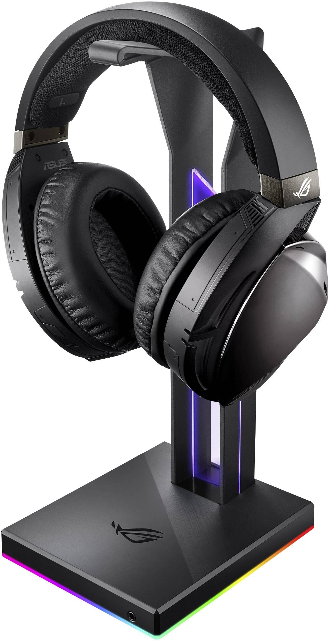 Ein schwarzer Gaming-Kopfhörer mit RGB-beleuchtetem Ständer. Kopfhörer sind groß und gepolstert, der Ständer hat ein modernes Design.