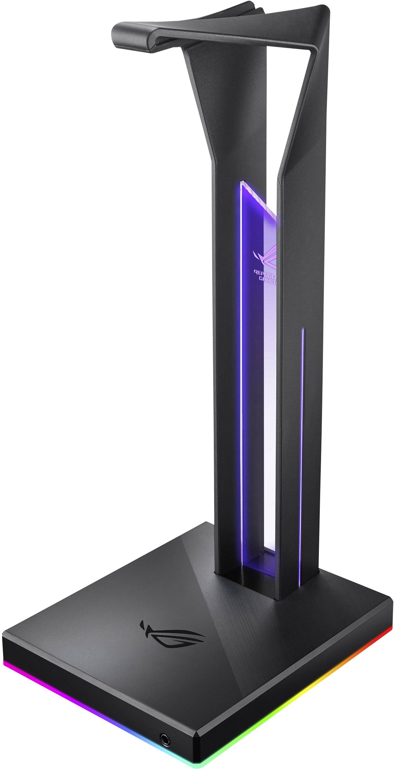Schwarzer Kopfhörerständer mit RGB-Beleuchtung und mattem Finish. Modernes, schlankes Design mit beleuchtetem Logo auf der Basis.