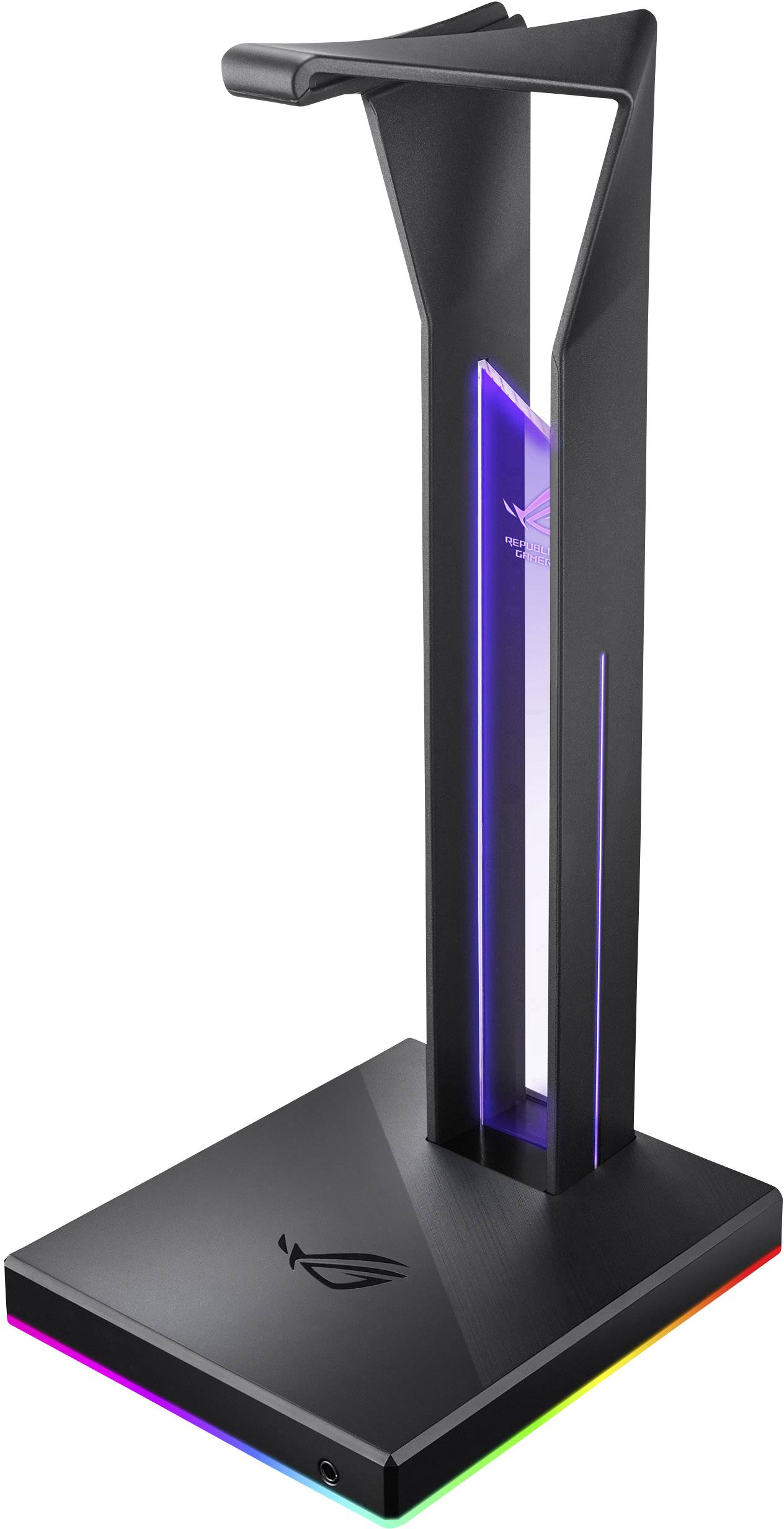 Schwarzer Kopfhörerständer mit RGB-Beleuchtung an der Basis. Das ROG-Logo ist zentral auf der Vorderseite sichtbar.