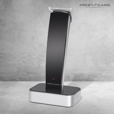 Elektrischer Haarschneider von Profi Care stehend auf einer Ladestation vor grauem Hintergrund. Optimal für Haartrimmer-Aufgaben.
