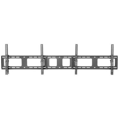 Schwarze TV-Wandhalterung, horizontal ausgerichtet, mit verstellbaren Schienen und Löchern zur Befestigung an der Wand.