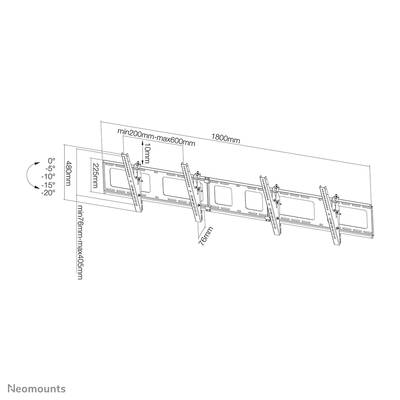 Der Neomounts Wandhalterung zeigt Schwenkwinkel (-20° bis 20°), max. Breite von 1800mm und VESA-Unterstützung (min 75mm - max 665mm).