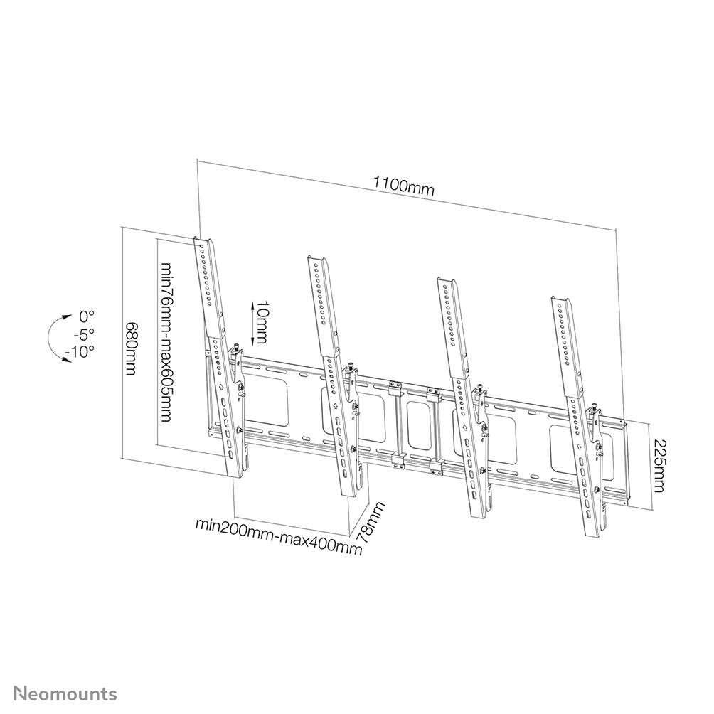 'Technische Zeichnung einer Neomounts Wandhalterung. Maße: 1100mm Breite, 680mm Höhe. Neigung: -5° bis 10°. VESA: 200x200 bis 400x600mm.'