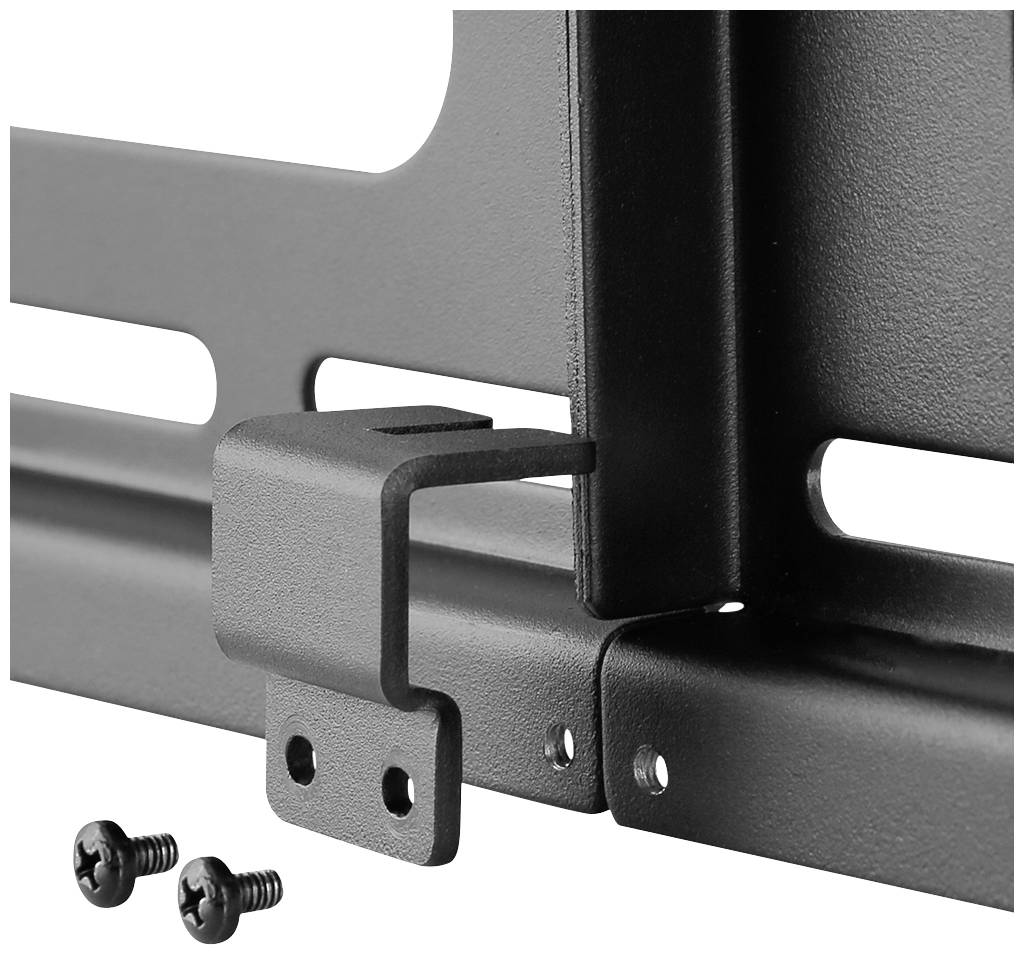 Nahaufnahme eines schwarzen Metall-Scharniers mit zwei Schrauben, die daneben liegen.