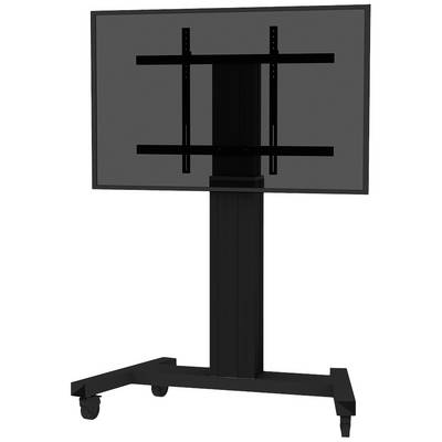 Ein schwarzer TV-Ständer mit einer vertikalen Säule und Rädern, auf dem ein Flachbildschirm angebracht werden kann.