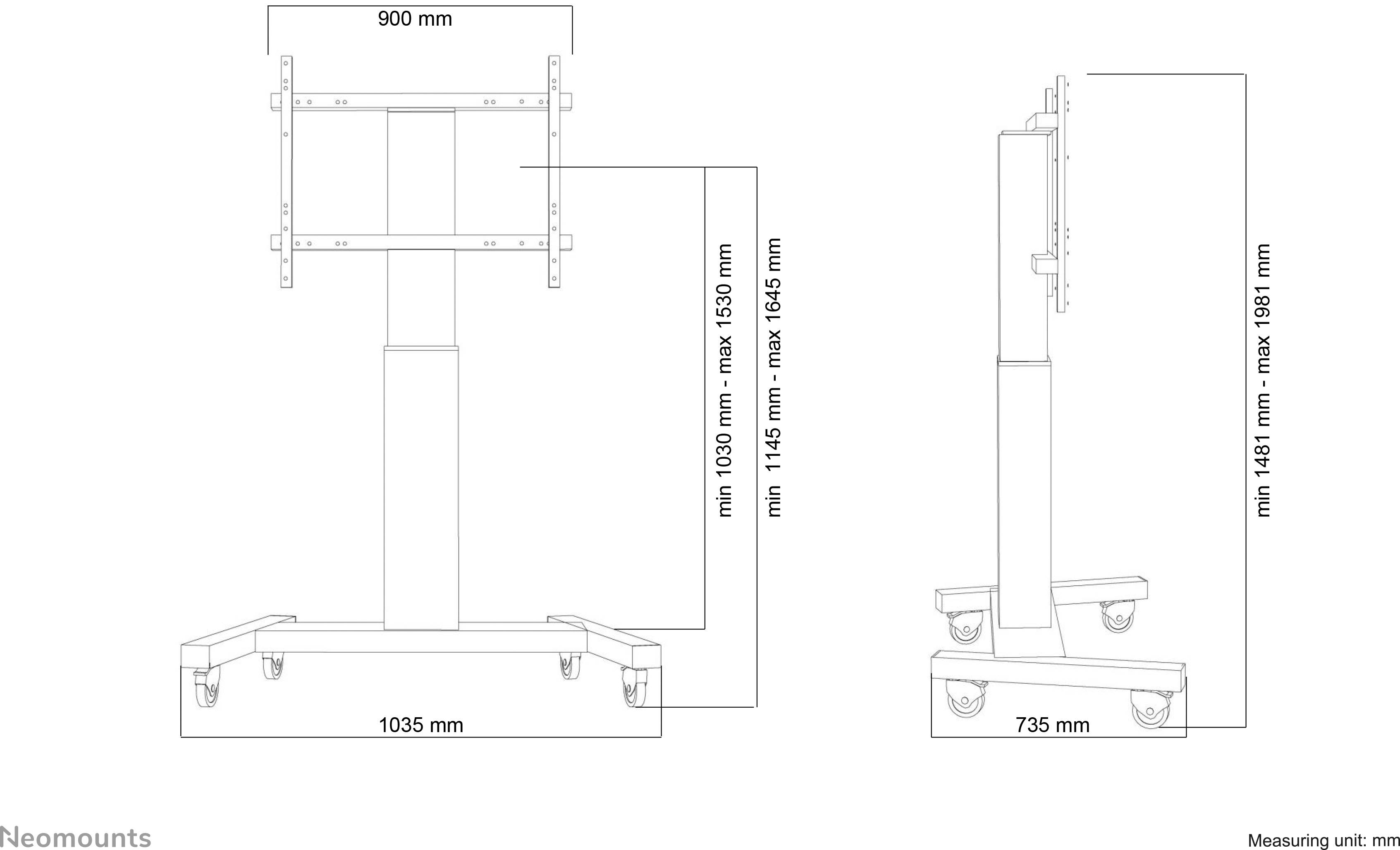 Mobile TV-Ständer mit Rollen, einstellbarer Höhe von 1145 mm bis 1691 mm, Breite von 900 mm und Basisbreite von 1035 mm.