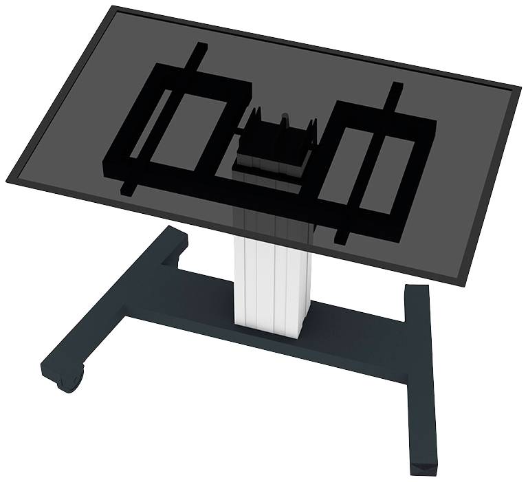 Ein höhenverstellbarer Tisch mit schwarzer, geneigter Tischplatte und stabilem Metallfuß, geeignet für Präsentationen oder Displays.