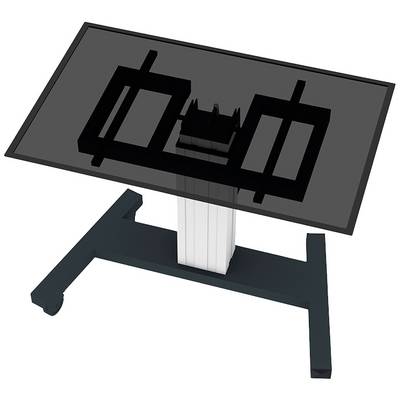 Ein höhenverstellbarer Tisch mit schwarzer, geneigter Tischplatte und stabilem Metallfuß, geeignet für Präsentationen oder Displays.
