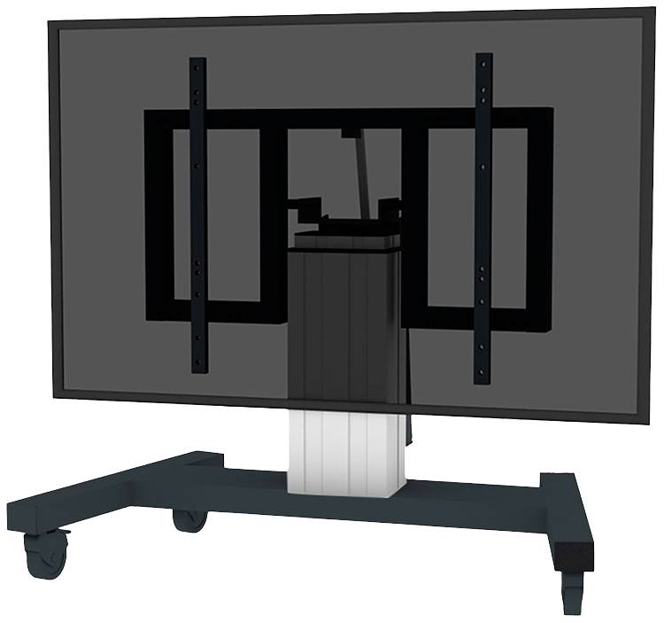 Ein schwarzes TV-Standfuß mit Rollen, Halterung in der Mitte des Bildschirms befestigt, geeignet für große Monitore.