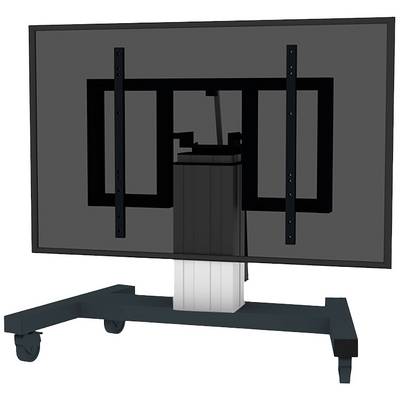 Ein schwarzes TV-Standfuß mit Rollen, Halterung in der Mitte des Bildschirms befestigt, geeignet für große Monitore.