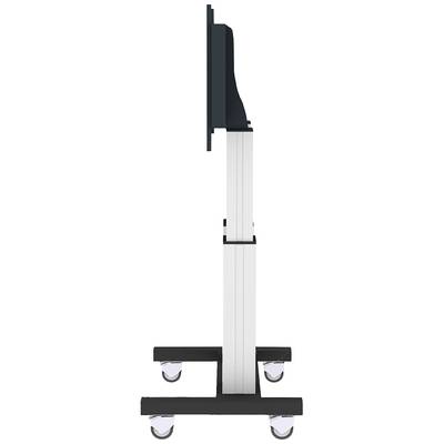 Seitenansicht eines mobilen TV-Ständers mit Rollen, höhenverstellbar, geeignet für Flachbildschirme.