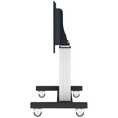 Seitenansicht eines rollbaren Monitorständers mit vertikalem Halter und vier Rollen an der Basis.