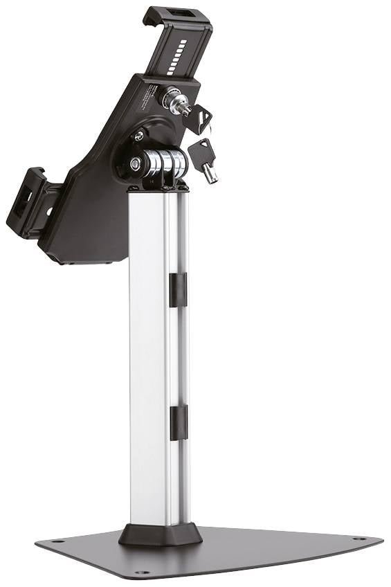 Tablet-Halterung aus Metall mit Schlossmechanismus, verstellbarem Arm und solider Basis.