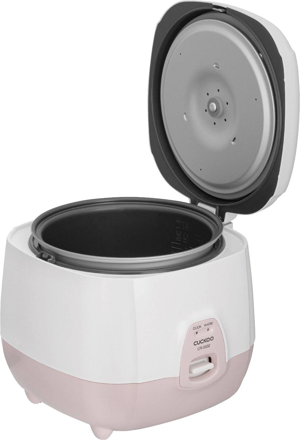 Ein geöffneter Reiskocher mit rosa und weißem Gehäuse. Der Innenbehälter ist sichtbar.