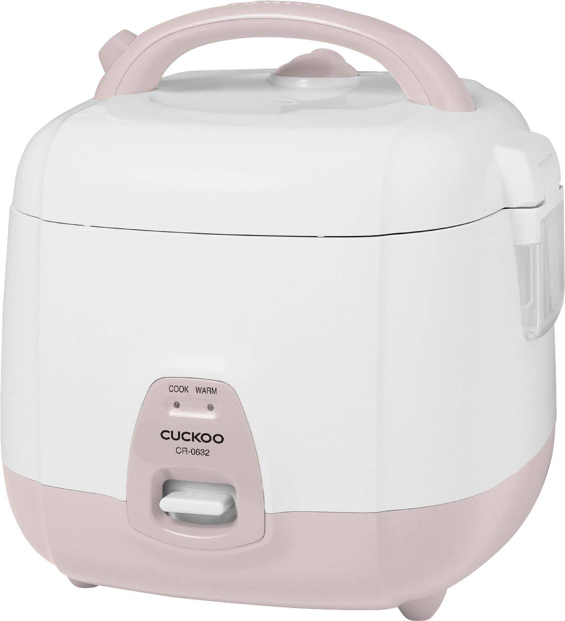 Ein weiß-rosafarbener Reiskocher mit einem Griff auf dem Deckel, Kippschalter vorne und der Marke 'Cuckoo' auf der Vorderseite.