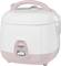 Ein weiß-rosafarbener Reiskocher mit einem Griff auf dem Deckel, Kippschalter vorne und der Marke 'Cuckoo' auf der Vorderseite.