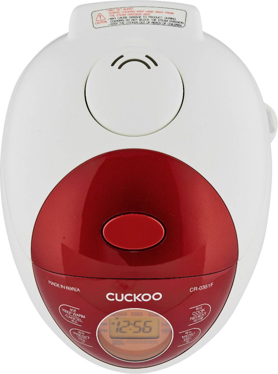 Ein rot-weißer Reiskocher mit Display und der Aufschrift 'CUCKOO'. Zeigt Uhrzeit 12:56.