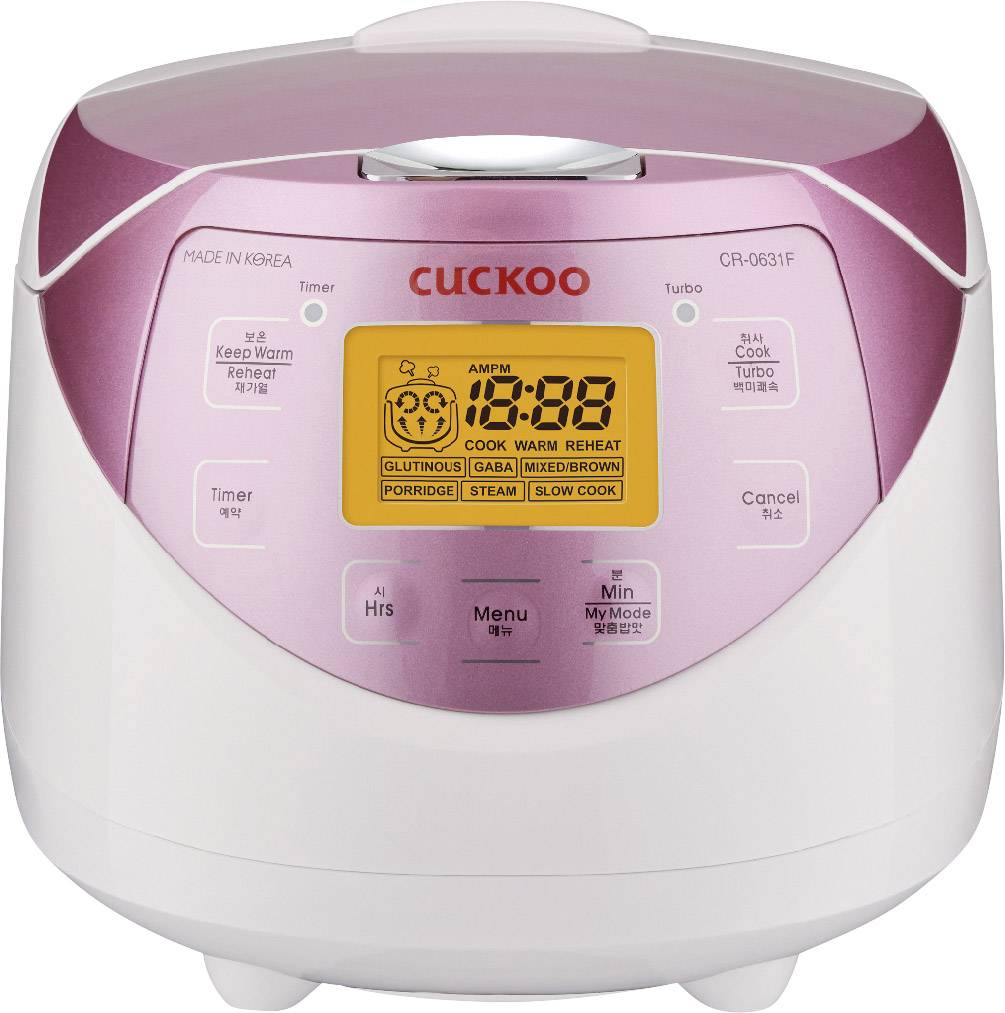 Reiskocher mit digitalem Display zeigt Uhrzeit und Kochmodi. Rosa-weiße Farbgebung, oben Knöpfe für Einstellungen und Timer.