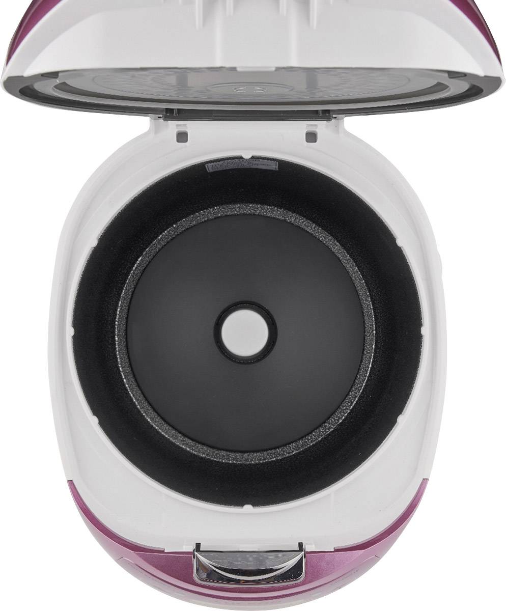 Ein geöffneter Reiskocher mit sichtbarem Innenbehälter, der schwarz ist. Der Deckel ist nach oben geklappt.