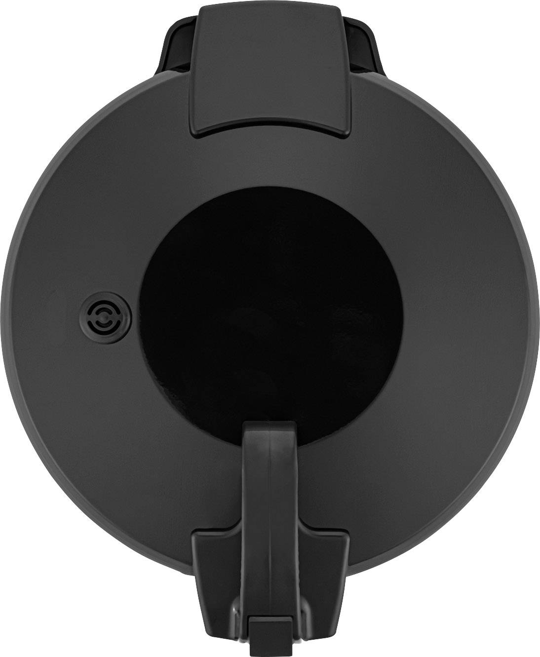 Schwarzer Kochtopf mit Deckel, Draufsicht; minimalistisches Design, zentrale Halterung, gleichmäßige Oberflächenstruktur.